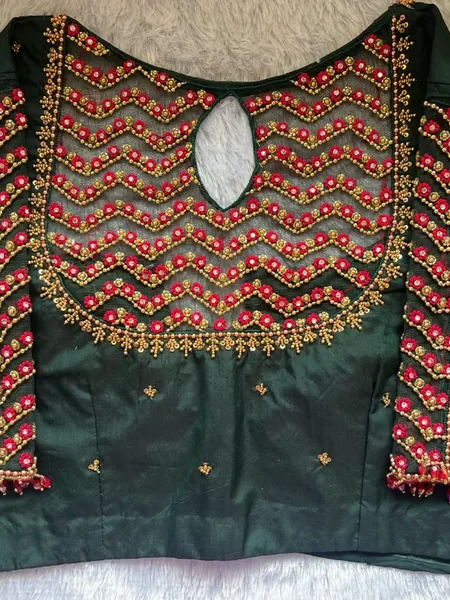 Bottle Green Net Blouse Designs | Zigzag Aari Work Keyhole Back Blouse