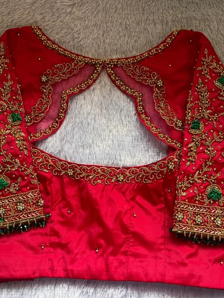 Bridal Red Heavy Maggam Work Blouse Designs | Cutout Back Neck Wedding Blouse