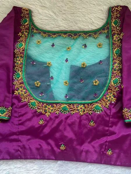 Purple Illusion Net Blouse Designs | Contrast Sea Green Aari Work Blouse