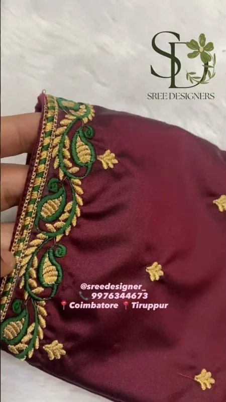 Maroon Blouse Design with Green & Gold Embroidery Reel