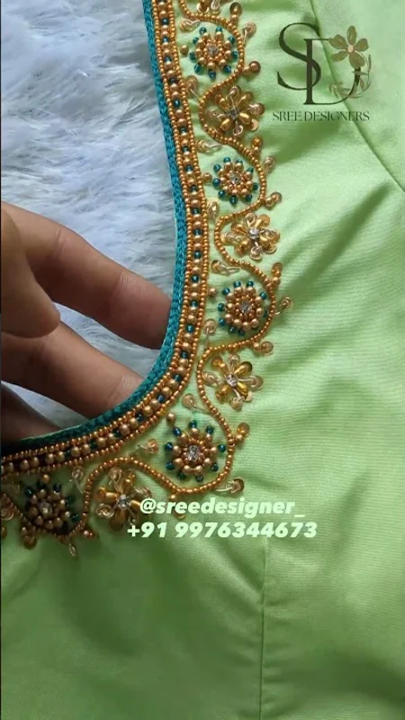 Traditional Green Blouse with Hand Aari Embroidery Reel
